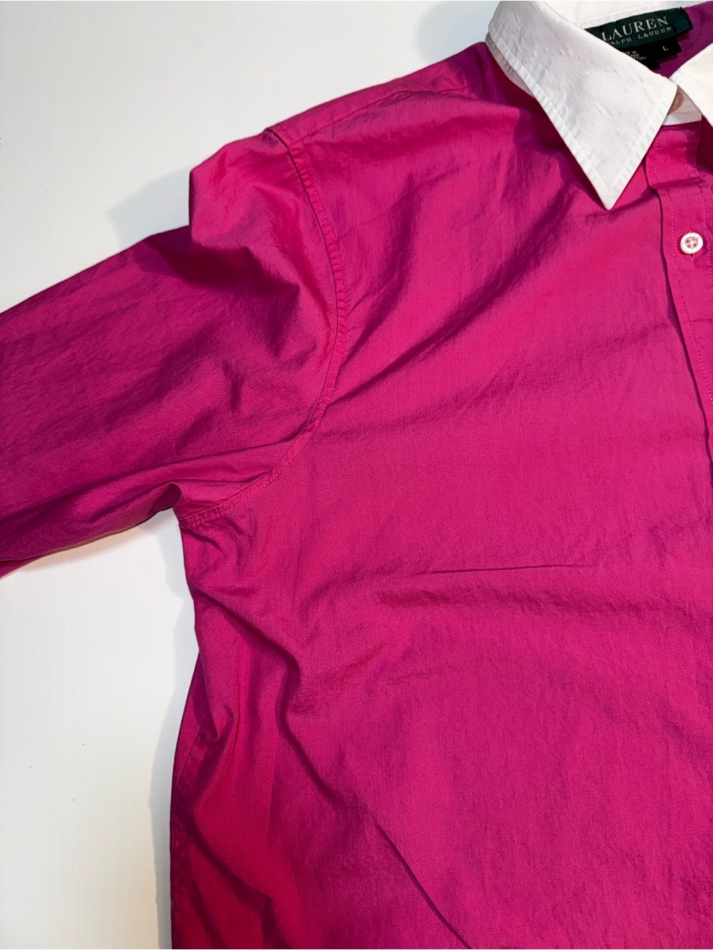 Lauren Ralph Lauren women’s L Pink Solid Cotton Point Collar Logo Dress Shirt - Picture 6 of 16